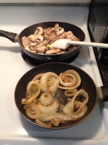caramelizing the onions and sauteing the mushrooms. 
